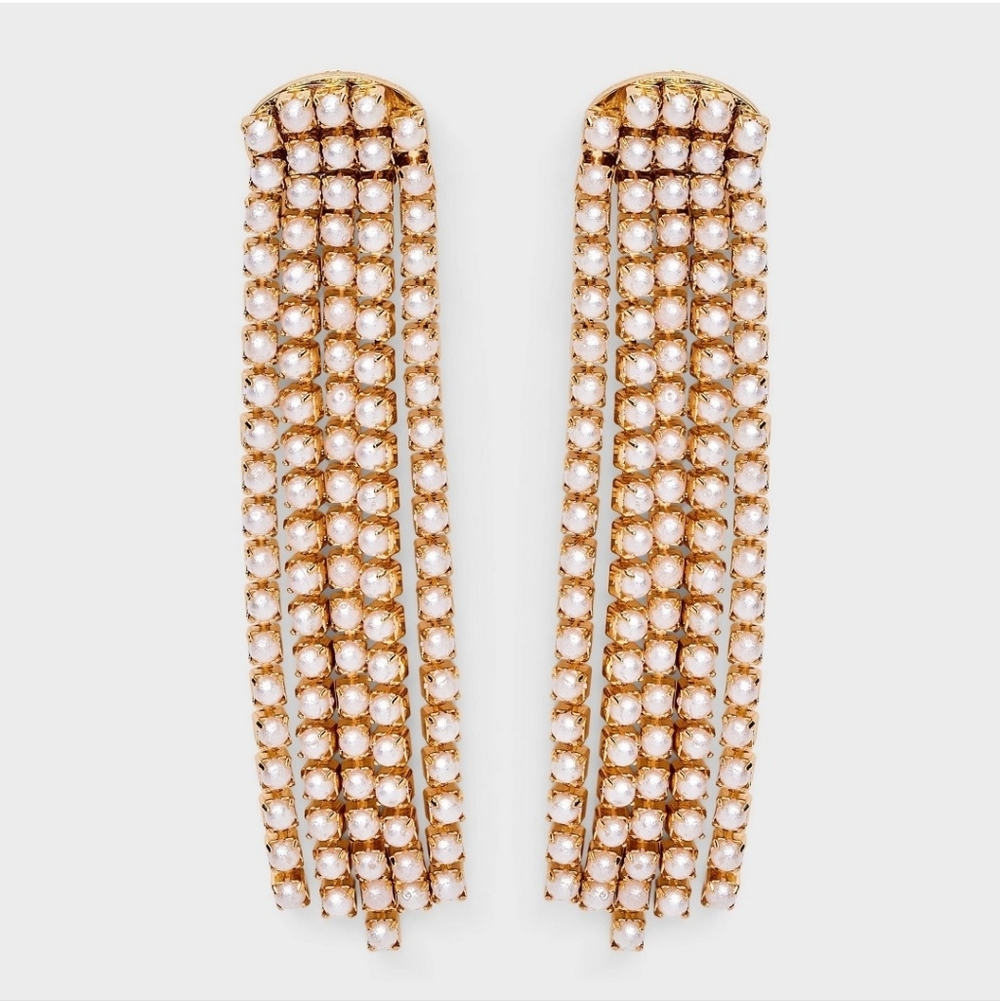 New!Elegant Drapping Gold Faux Pearl Fringe Crystal Drop Lightweight Y2Kearrings